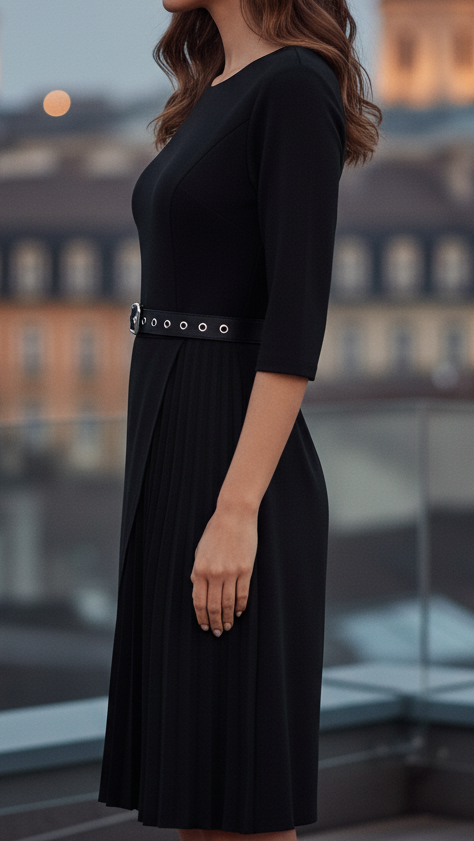Natalie | Damen Frühlings-Midikleid mit Gürtel und langen Ärmeln