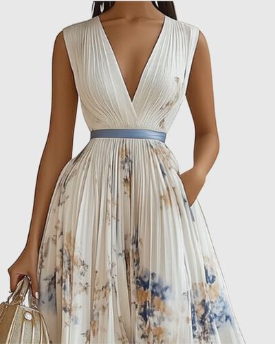 Isabella | Damen Ärmelloses Geplissiertes Blumen Midi Kleid