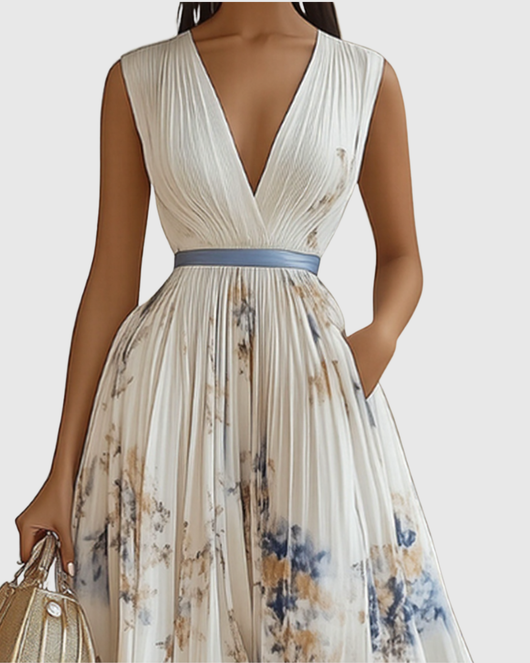 Isabella | Damen Ärmelloses Geplissiertes Blumen Midi Kleid