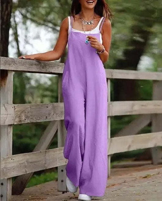 Elfriede | Damen Leinenjumpsuit Latzhose Wide-Leg-Pants Träger Hosenanzug