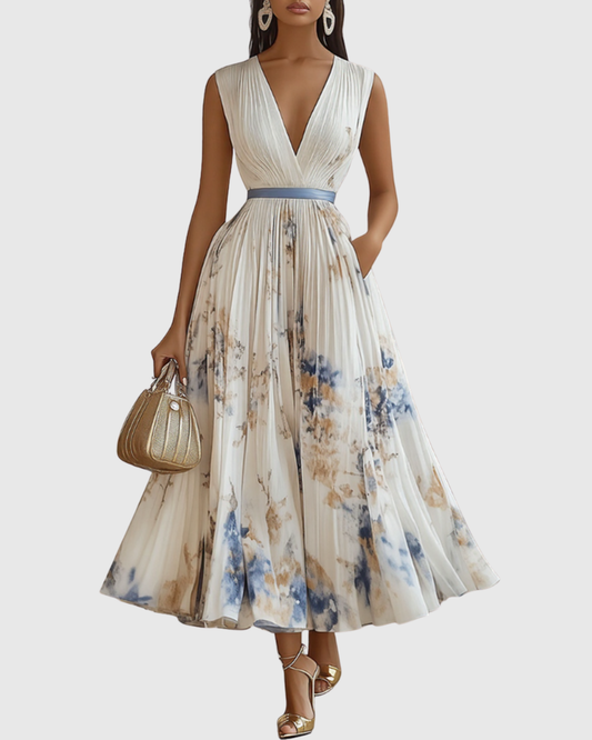 Isabella | Damen Ärmelloses Geplissiertes Blumen Midi Kleid