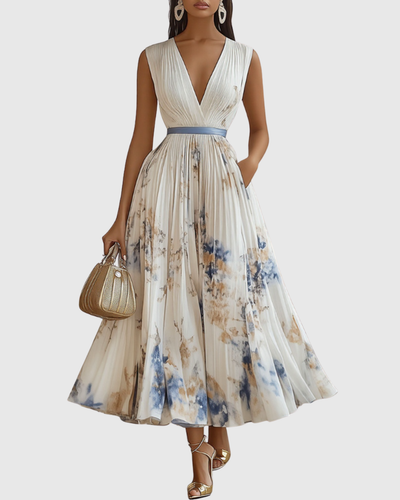 Isabella | Damen Ärmelloses Geplissiertes Blumen Midi Kleid