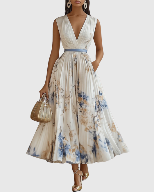 Isabella | Damen Ärmelloses Geplissiertes Blumen Midi Kleid