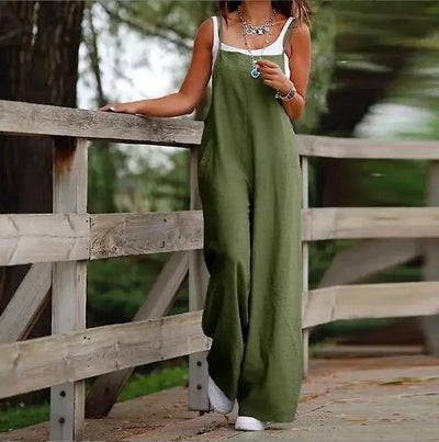 Elfriede | Damen Leinenjumpsuit Latzhose Wide-Leg-Pants Träger Hosenanzug