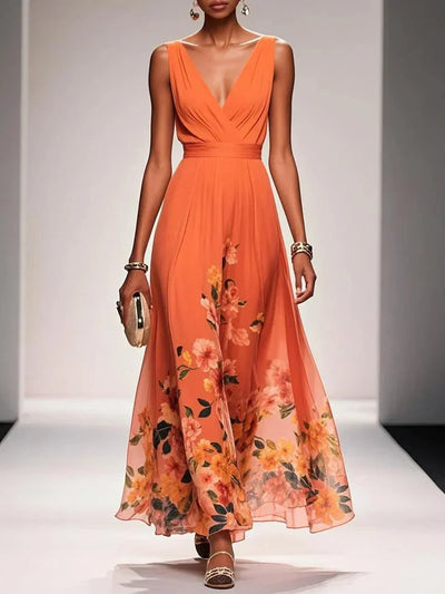 Carolin | Damen Florales Chiffon Sommer Maxikleid