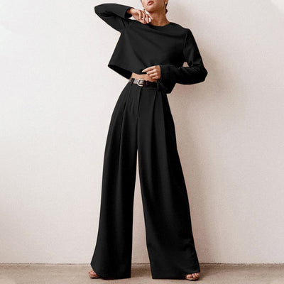 Anja | Damen Hosen-Set mit langärmligem Crop-Top