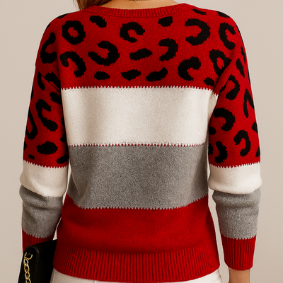 Viola | Damen Weicher Strickpullover mit Farbblock und Leopardenmuster