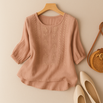 Jessica | Damen Bestickte Bluse Mit Rundhalsausschnitt