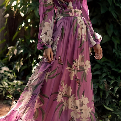 Johanna | Damen Bequemes Blumen V-Ausschnitt Maxi Kleid