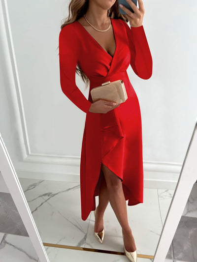 Renate | Damen Midi-Etui-Kleid mit V-Ausschnitt und Schlitz