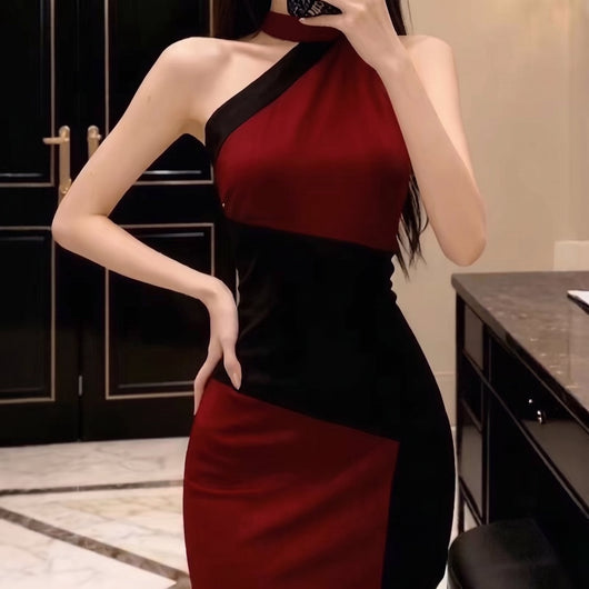 Katharina | Damen Zweifarbiges Neckholder-Midi-Kleid figurbetonter Schnitt