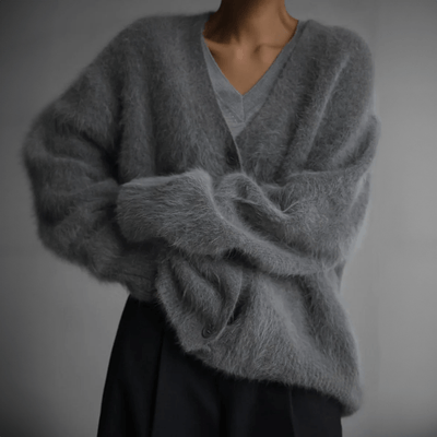 Edith | Damen Trendige Flauschige Strickjacke mit Knopfleiste