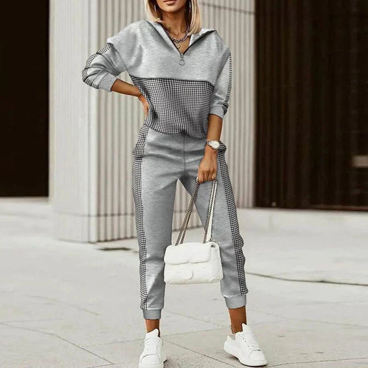 Monika | Damen Trainingsanzug-Set mit kariertem Muster und langem Ärmel