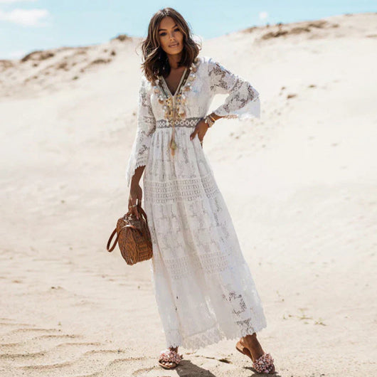 Katharina | Damen Sommer Bohemian Maxi Kleid Mit Langarm