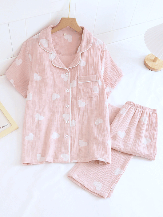 Franziska | Damen Pyjama-Set mit Herzmuster und Knopfleiste