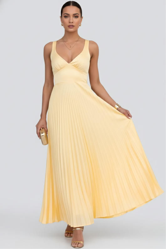 Kerstin | Damen V-Ausschnitt Maxikleid mit plissiertem Rock