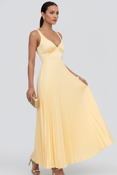Kerstin | Damen V-Ausschnitt Maxikleid mit plissiertem Rock