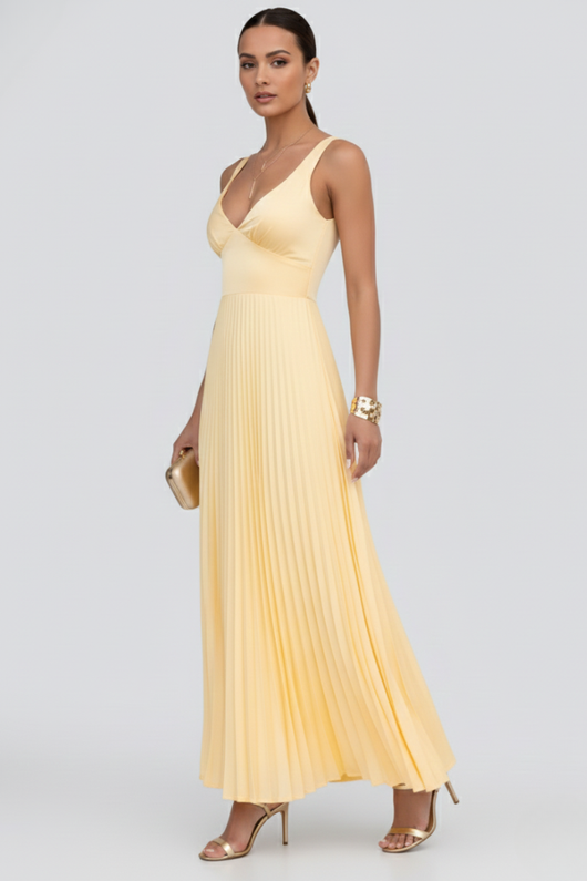 Kerstin | Damen V-Ausschnitt Maxikleid mit plissiertem Rock