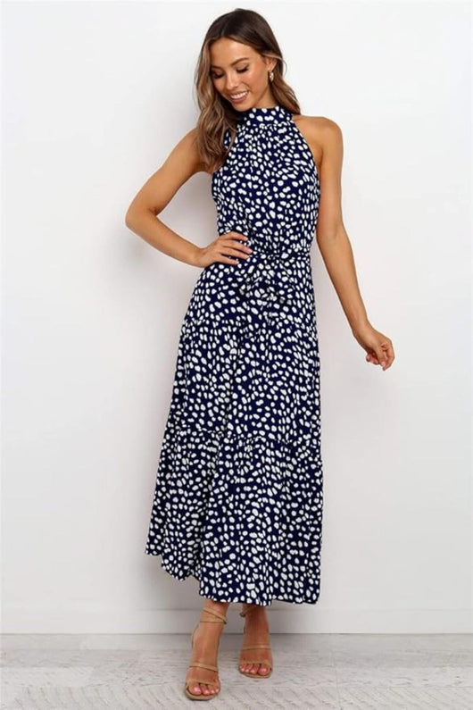 Karin | Damen Maxikleid mit Druckmuster, Neckholder und Taillenschleife