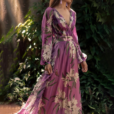 Johanna | Damen Bequemes Blumen V-Ausschnitt Maxi Kleid