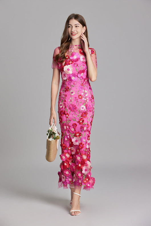 Verena | Damen Transparentes Maxikleid mit Blumenstickerei