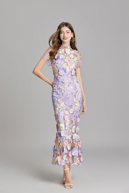 Verena | Damen Transparentes Maxikleid mit Blumenstickerei