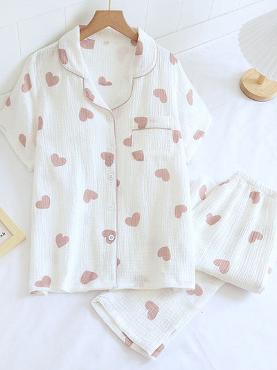 Franziska | Damen Pyjama-Set mit Herzmuster und Knopfleiste