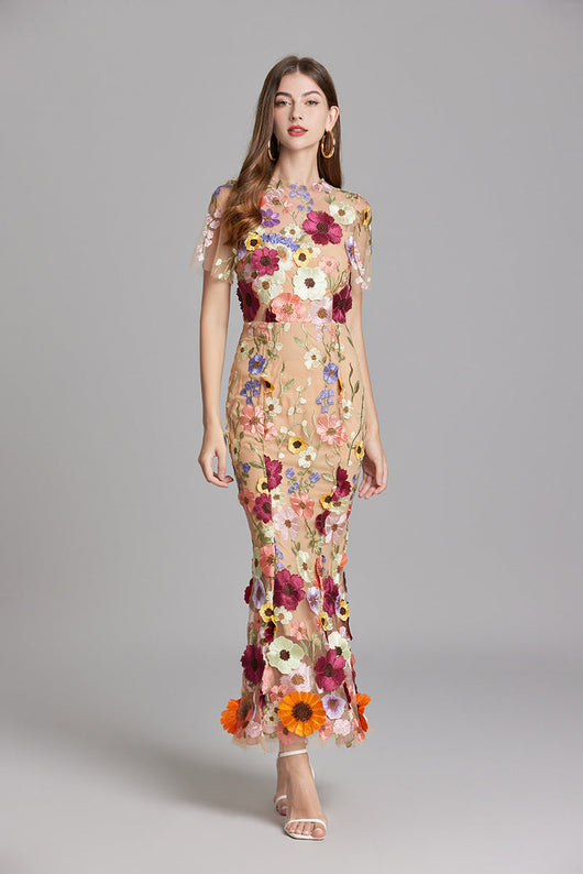 Verena | Damen Transparentes Maxikleid mit Blumenstickerei