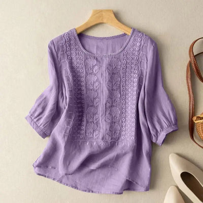 Jessica | Damen Bestickte Bluse Mit Rundhalsausschnitt