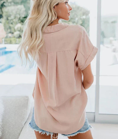 Edith | Damen Kurzarm Bluse Mit Knopfleiste Und Kragen Mit Tasche