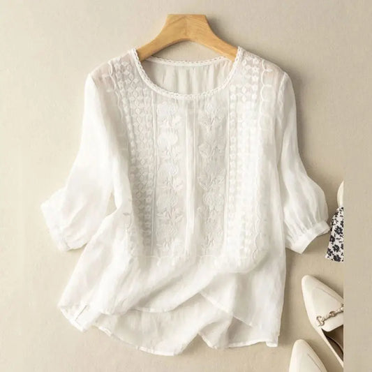 Jessica | Damen Bestickte Bluse Mit Rundhalsausschnitt