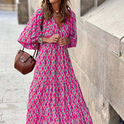 Flora | Boho-bedrucktes Maxikleid mit Puffärmeln und V-Ausschnitt