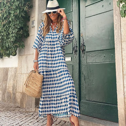 Flora | Boho-bedrucktes Maxikleid mit Puffärmeln und V-Ausschnitt