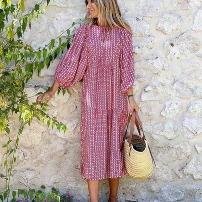 Flora | Boho-bedrucktes Maxikleid mit Puffärmeln und V-Ausschnitt