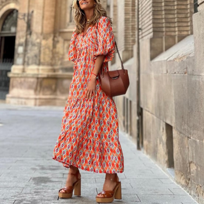 Flora | Boho-bedrucktes Maxikleid mit Puffärmeln und V-Ausschnitt