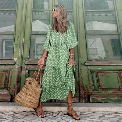 Flora | Boho-bedrucktes Maxikleid mit Puffärmeln und V-Ausschnitt