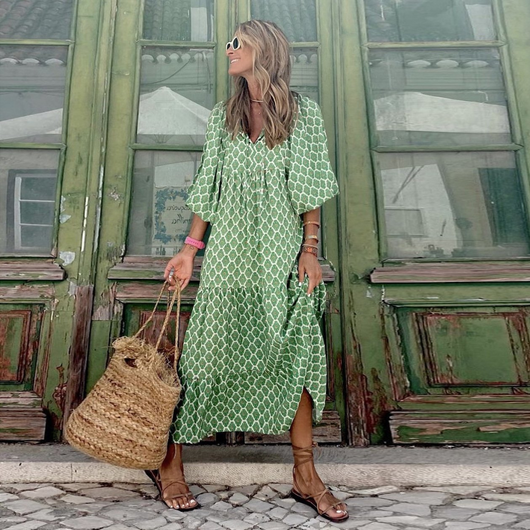 Flora | Boho-bedrucktes Maxikleid mit Puffärmeln und V-Ausschnitt
