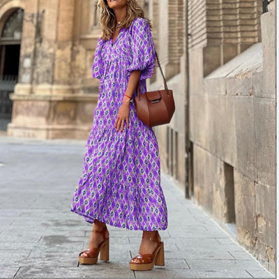 Flora | Boho-bedrucktes Maxikleid mit Puffärmeln und V-Ausschnitt
