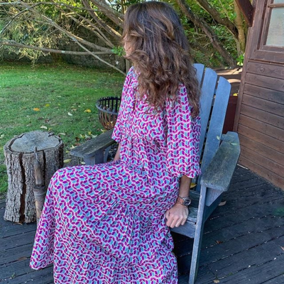 Flora | Boho-bedrucktes Maxikleid mit Puffärmeln und V-Ausschnitt