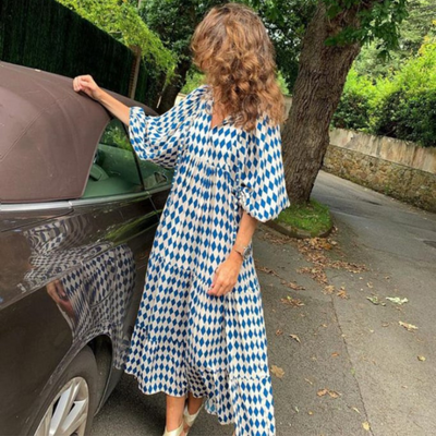 Flora | Boho-bedrucktes Maxikleid mit Puffärmeln und V-Ausschnitt