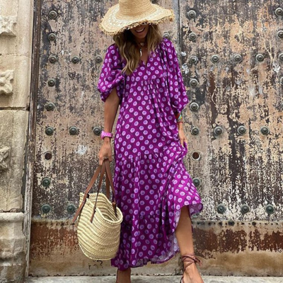 Flora | Boho-bedrucktes Maxikleid mit Puffärmeln und V-Ausschnitt