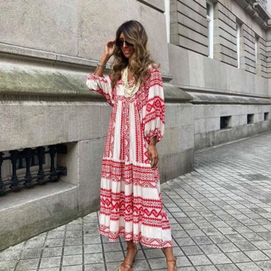 Flora | Boho-bedrucktes Maxikleid mit Puffärmeln und V-Ausschnitt