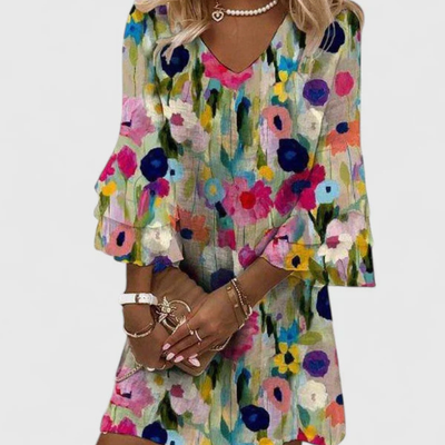 Gudrun | Damen Blumen V-Ausschnitt Mini Kleid