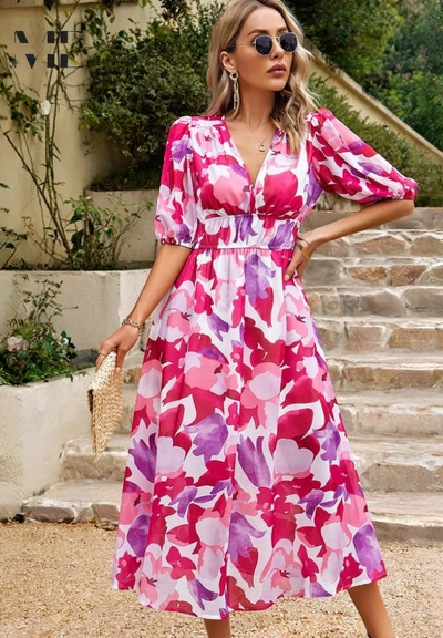 Doris | Damen Abstrakt Print Wickel Midi Kleid