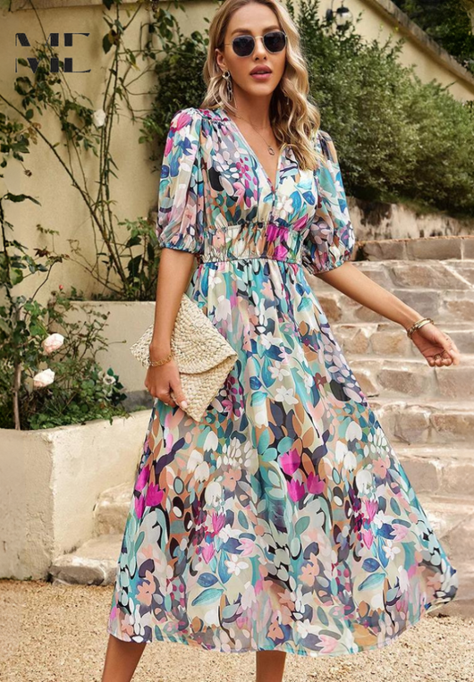 Doris | Damen Abstrakt Print Wickel Midi Kleid