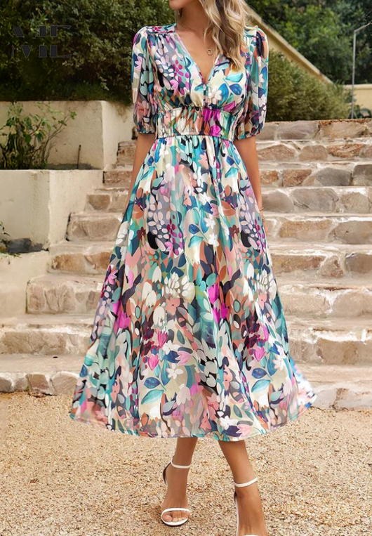 Doris | Damen Abstrakt Print Wickel Midi Kleid