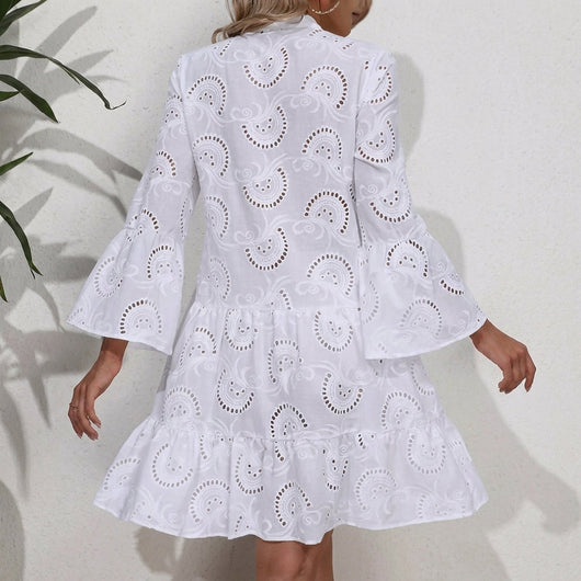Elfriede | Damen Boho Stufenkleid V-Ausschnitt Dreiviertel-Ärmel