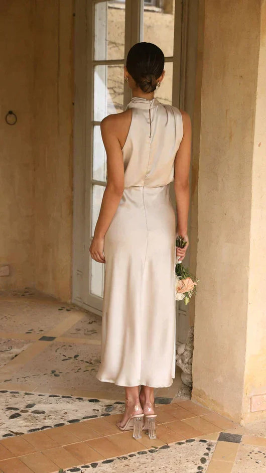 Elisa | Damen Elegantes Midi-Kleid mit Neckholder und Drapiertem Ausschnitt