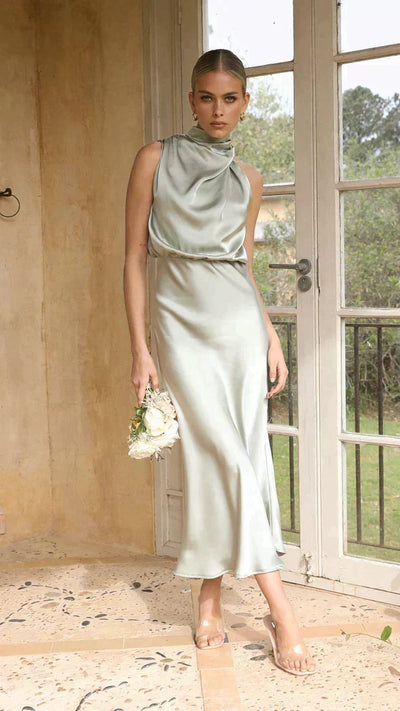 Elisa | Damen Elegantes Midi-Kleid mit Neckholder und Drapiertem Ausschnitt