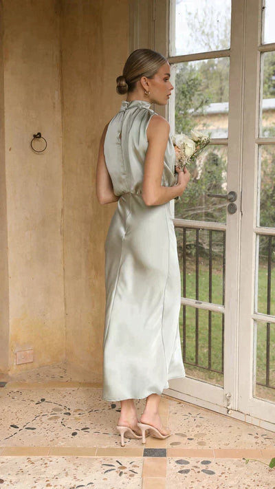 Elisa | Damen Elegantes Midi-Kleid mit Neckholder und Drapiertem Ausschnitt